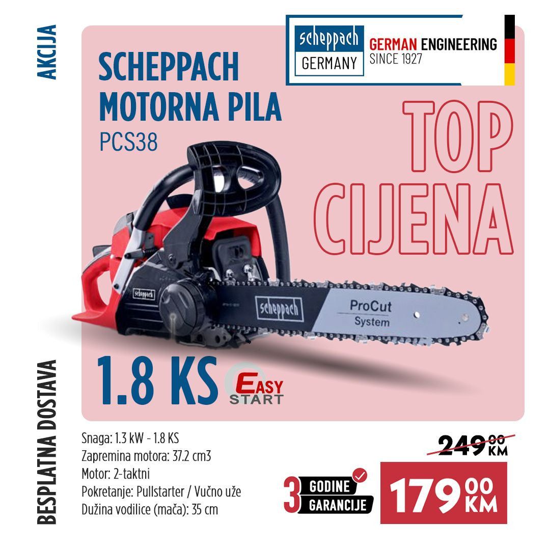 SCHEPPACH Benzinska motorna pila - testera - motorka PCS38 1.8 KS SCHEPPACH Benzinska motorna pila - testera - motorka PCS38 1.8 KS